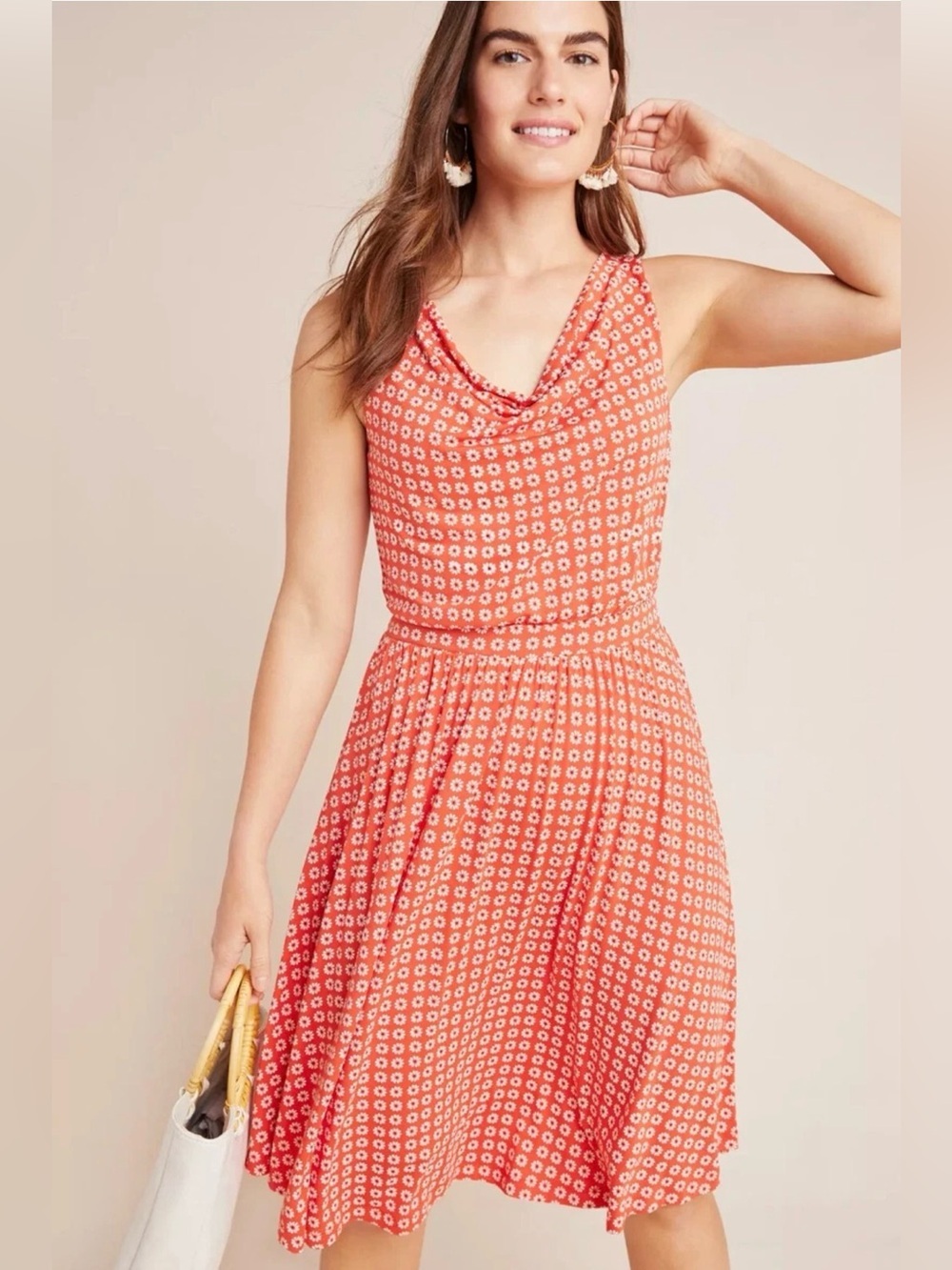 Anthropologie Maeve Size L  Tangerine Daisy Print Cowl Neck Brianne Dress NEW!